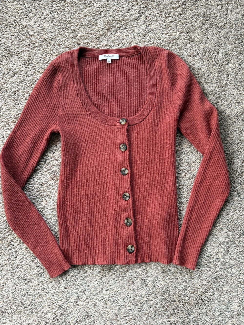 Madewell Rust Red Ribbed Scoop-Neck Button Cardigan